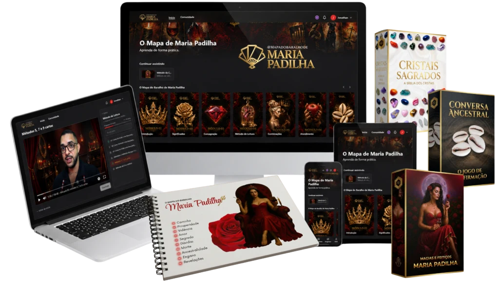 Composição completa do curso, materiais e bônus do Mapa do Baralho de Maria Padilha