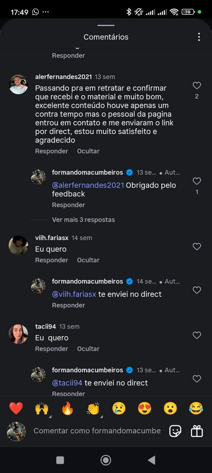 Comentário real de aluna no Instagram
