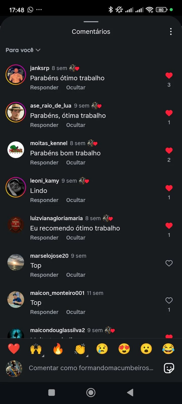 Comentário real sobre o conteúdo no Instagram