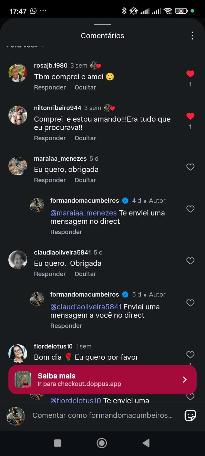 Relato real de aluna no Instagram