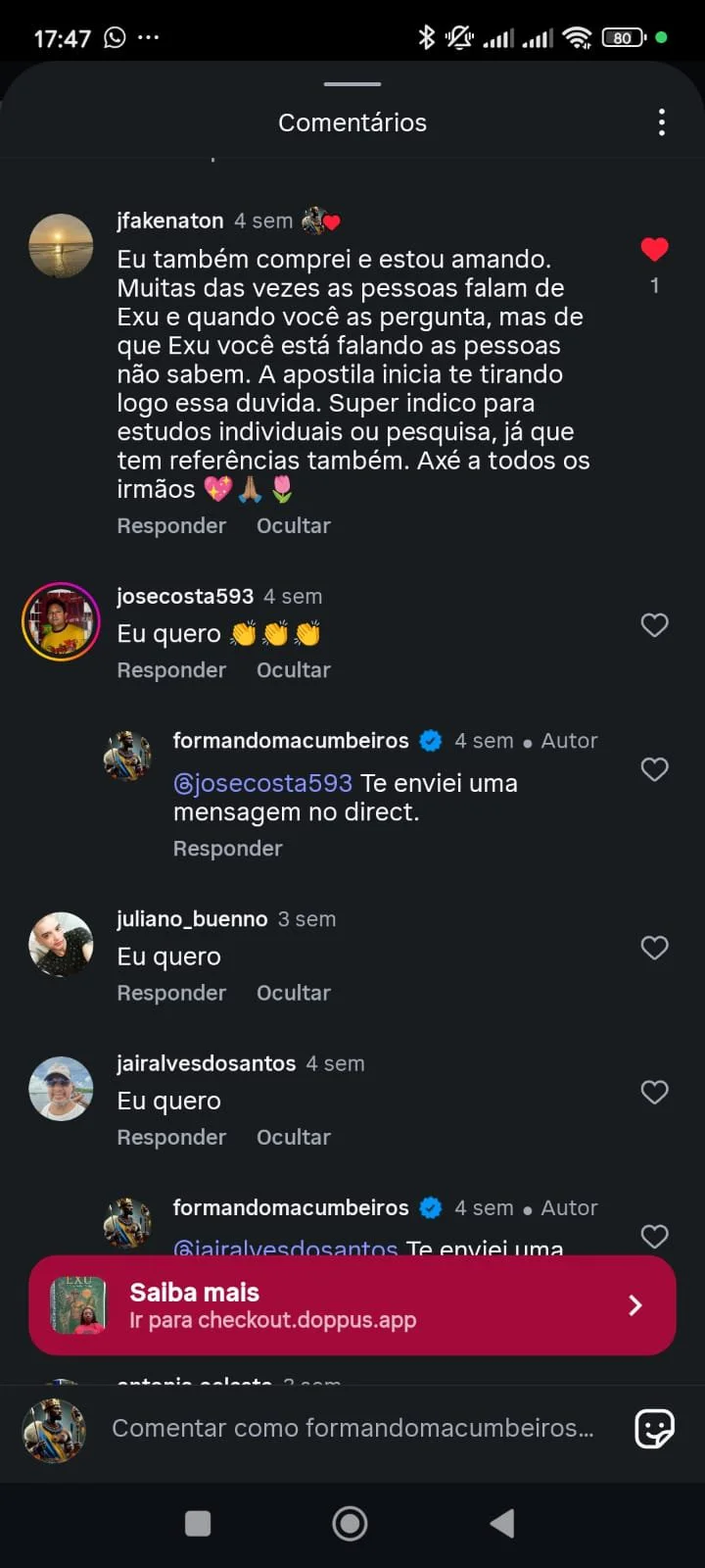 Retorno real de aluna pelo Instagram